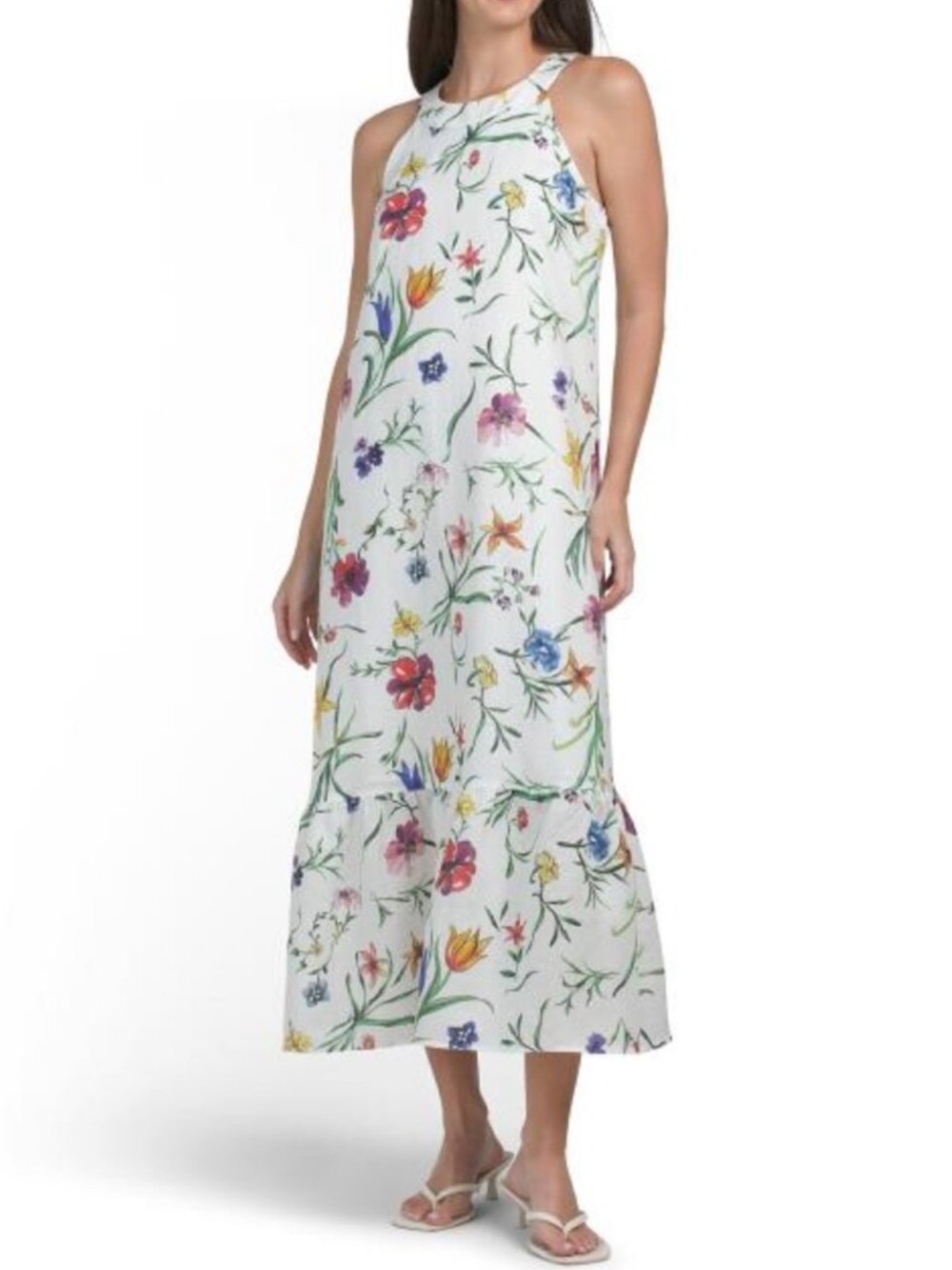 ELIE TAHARI Linen Blend Sleeveless Halter Crew Neck Dress With Tiered Hem